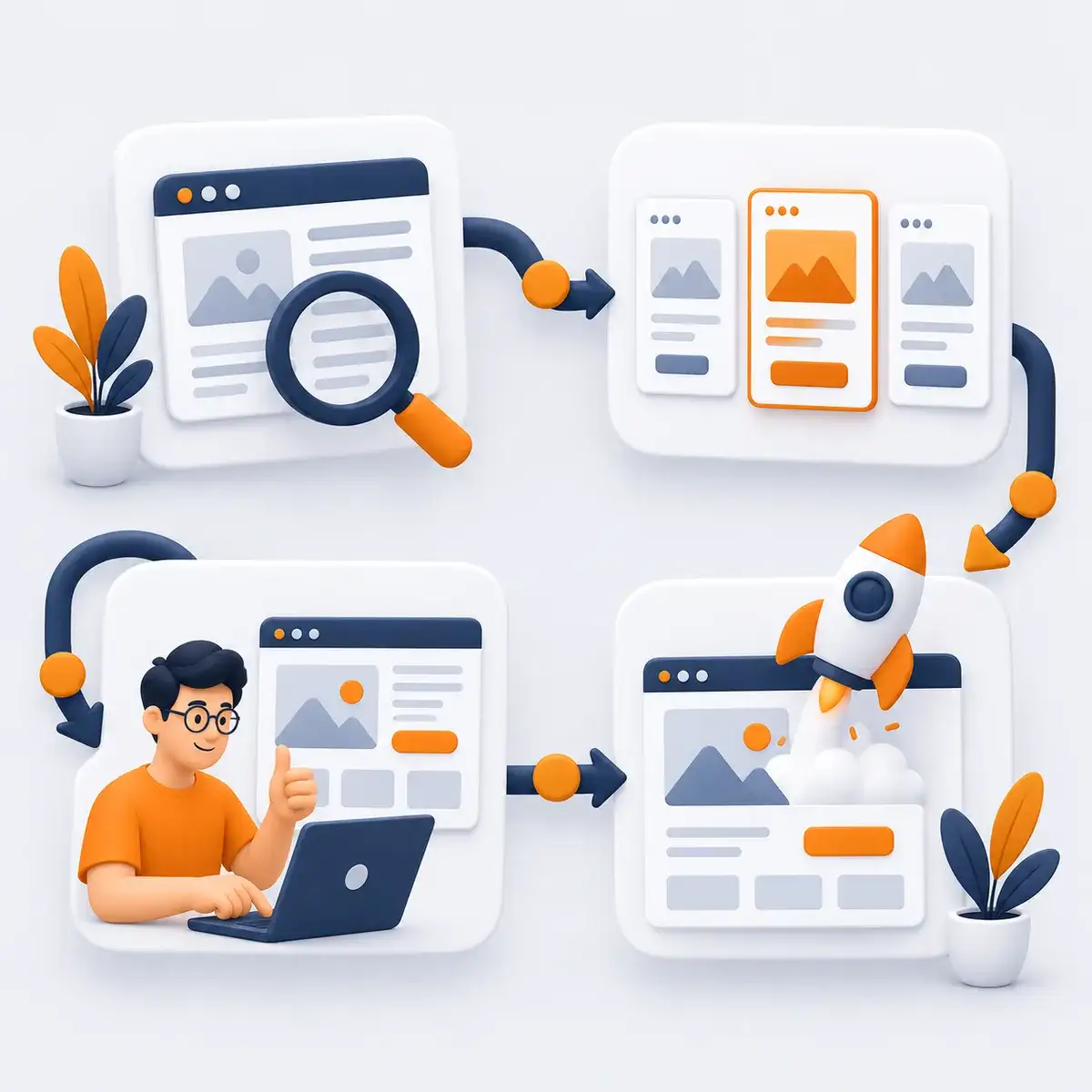 Illustrasjon av prosessen fra kartlegging og designforslag til lansering av nettsiden